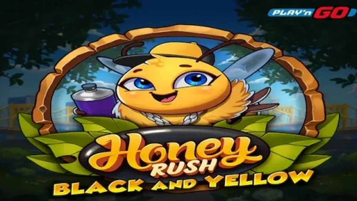 Tampilan visual slot Honey Rush Black and Yellow dengan tema sarang lebah neon urban.