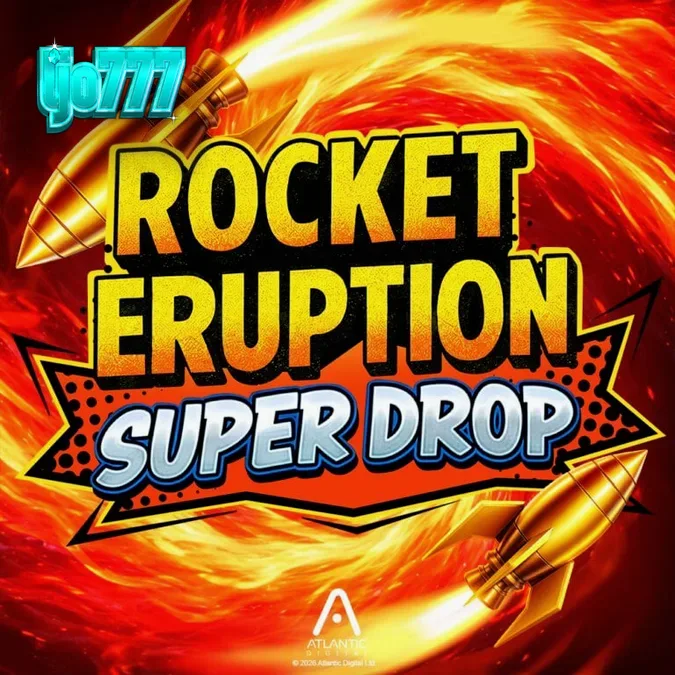 Tampilan visual slot Rocket Eruption Super Drop dengan tema gunung berapi dan dinosaurus